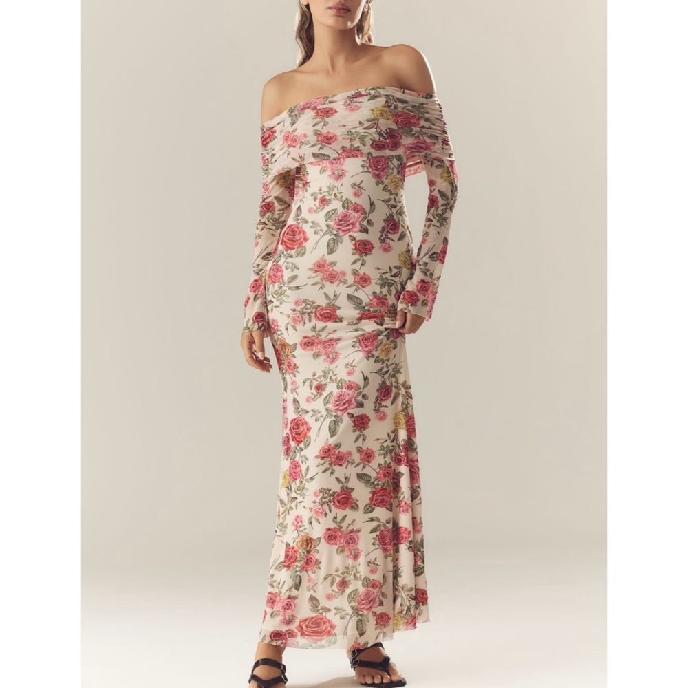 XS AFRM Long-Sleeve Off-The-Shoulder Mesh Maxi Dress